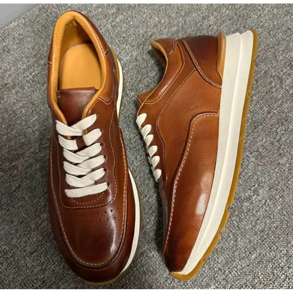 Caramel Brown Burnished Leather Retro Casual Shoes, with off-white laces and layered sole