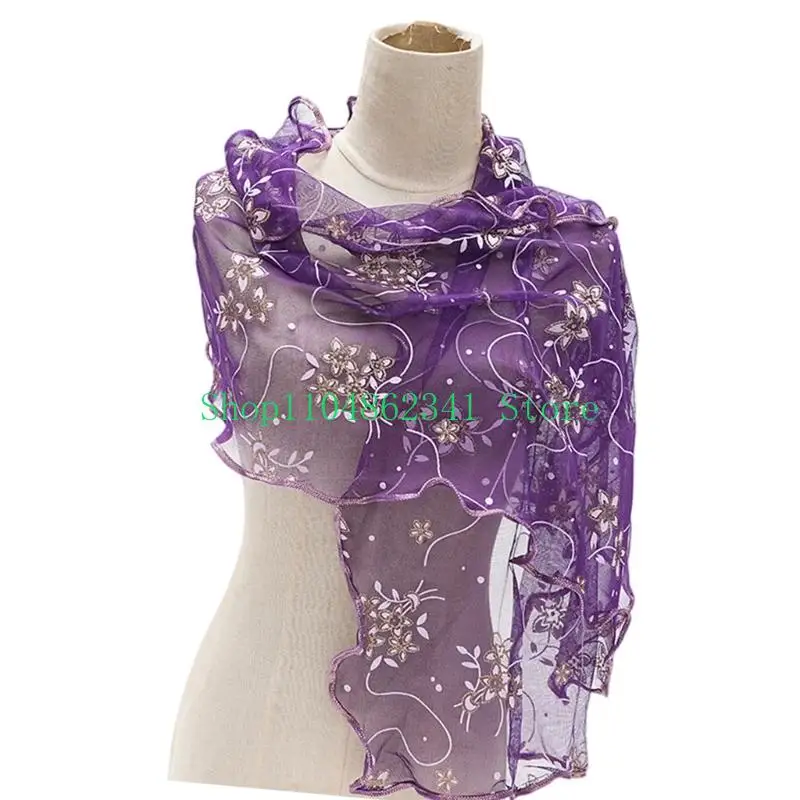 

652F Floral Lace Scarf Elegant Women Accessory Soft Silk Like Polyester Lightweight For Daily Wear