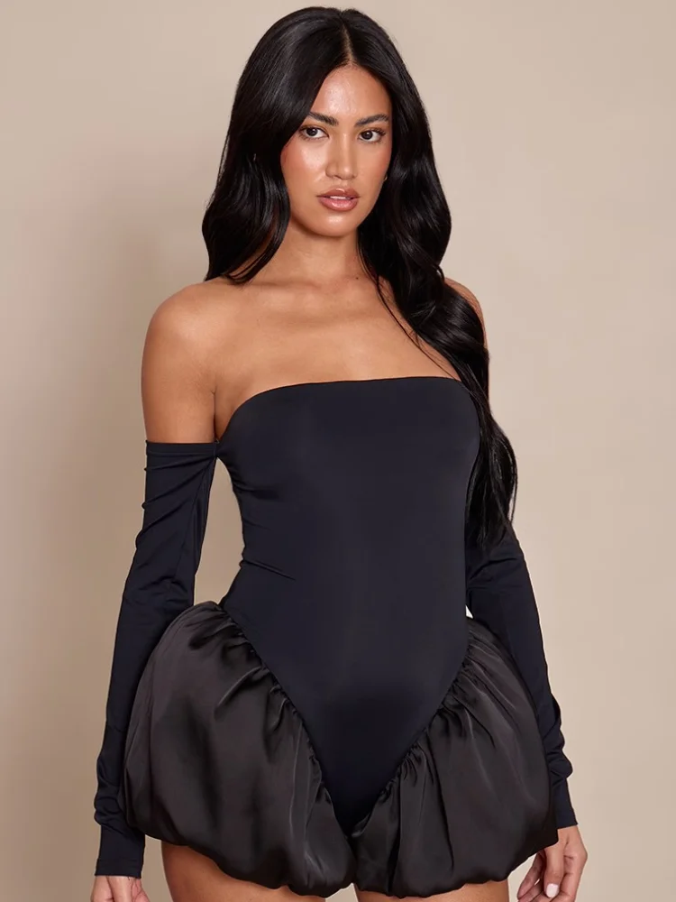 

Elegant Red Strapless Flower Bud Jumpsuit Women Sexy Backless Off Shoulder Full Sleeve Short Jumpsuits 2026 New Lady Casual Wear