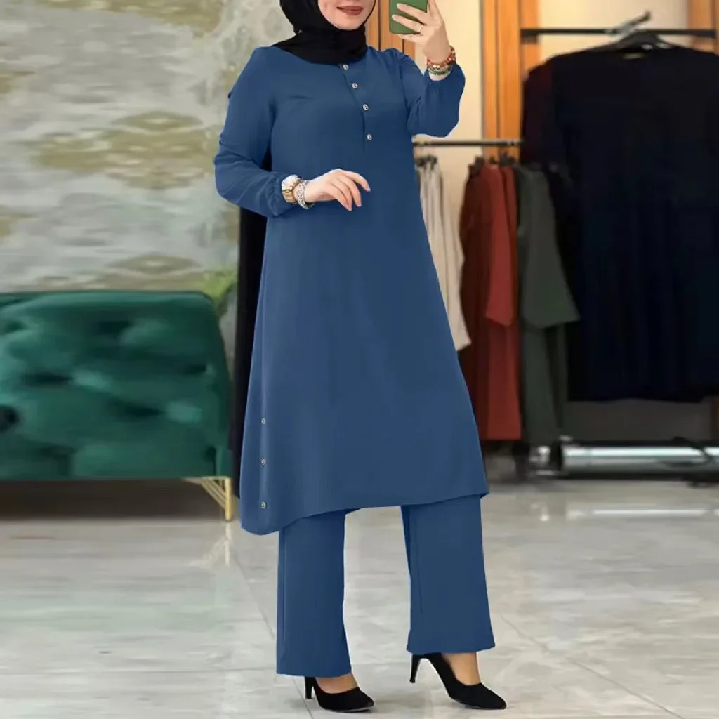 Two-piece Set Womens Muslim Fashion Casual Long Pants Shirt Bubble Sleeve Round Neck Button Up Set Middle East Sty