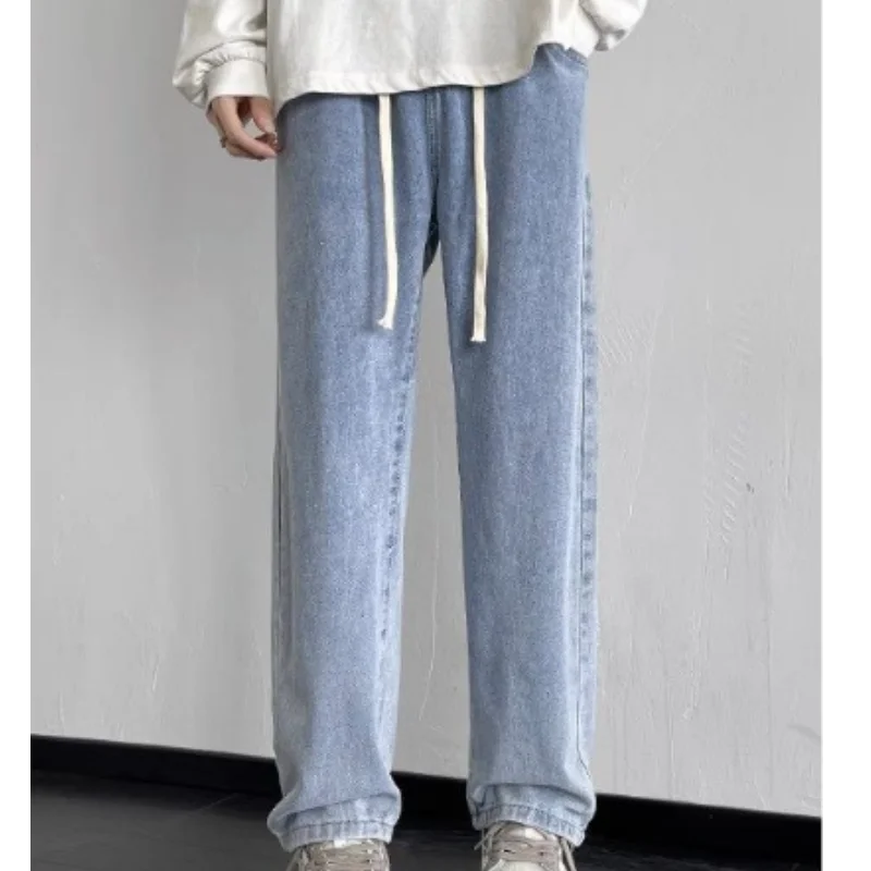 Korean Fashion Men\'s Baggy Jeans Hip Hop Drawstring Y2K Jeans Homme Classic Solid Color Straight Wide-legs Men Denim Pant D0061