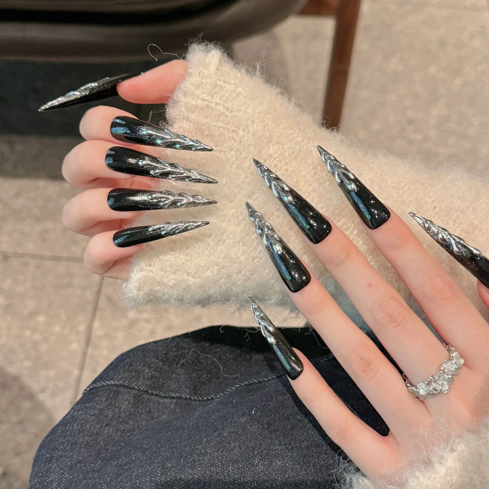 10pcs Handmade False Nails Black Metal Sliver Tree Decor Long Pointed Fake Nails Reusable Wearable Punk Style Press on Nails