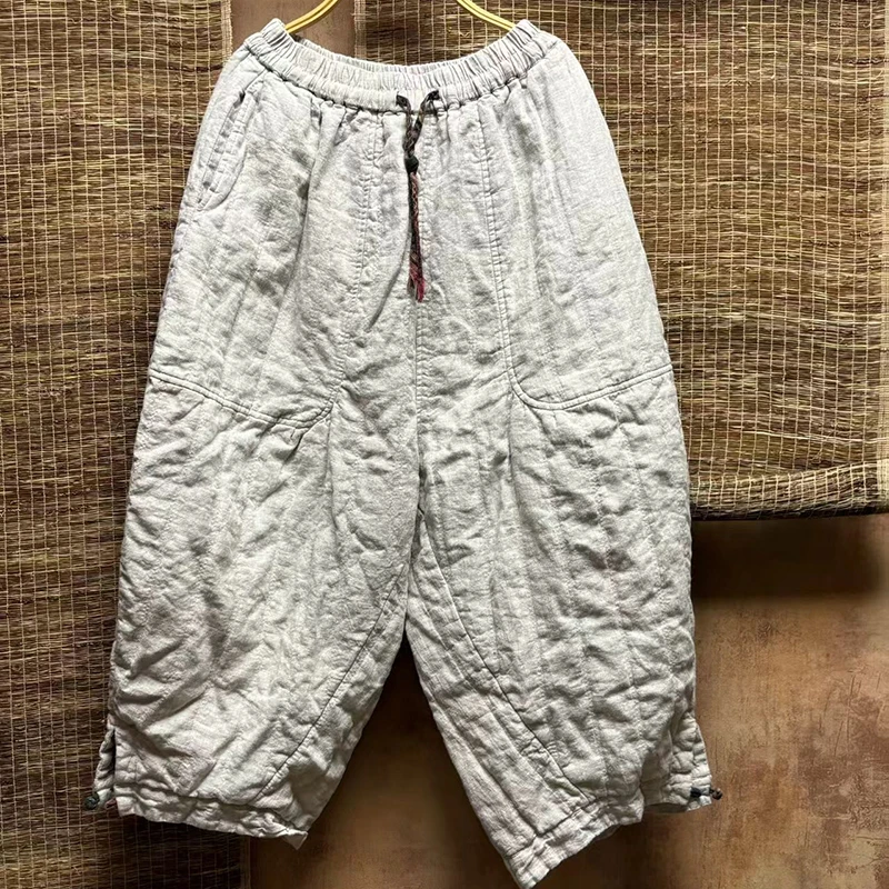 Outono inverno artes estilo feminino cintura elástica solta tornozelo comprimento calças de alta qualidade engrossar algodão linho vintage harem calças