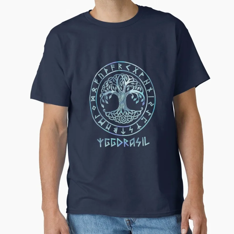 

Yggdrasil blue– Nordic Tree of Life & Runic Symbols retro vinkings gift T-shirt large size Adult Tops S-6XL mens clothing