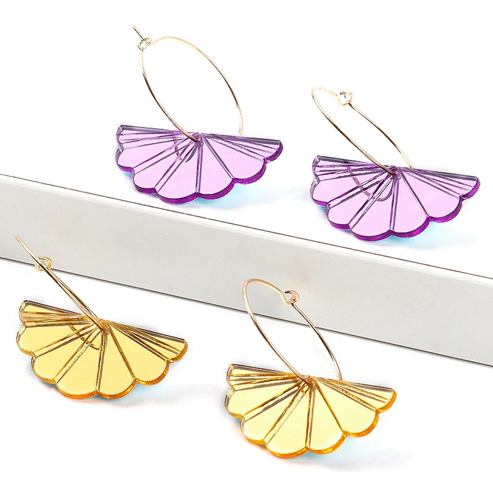 New Mirrored Fan-Shaped Acrylic Drop Earrings for Women 2023 Trending Purple Yellow Laser Geometric Dangle Earring Hoops Jewelry