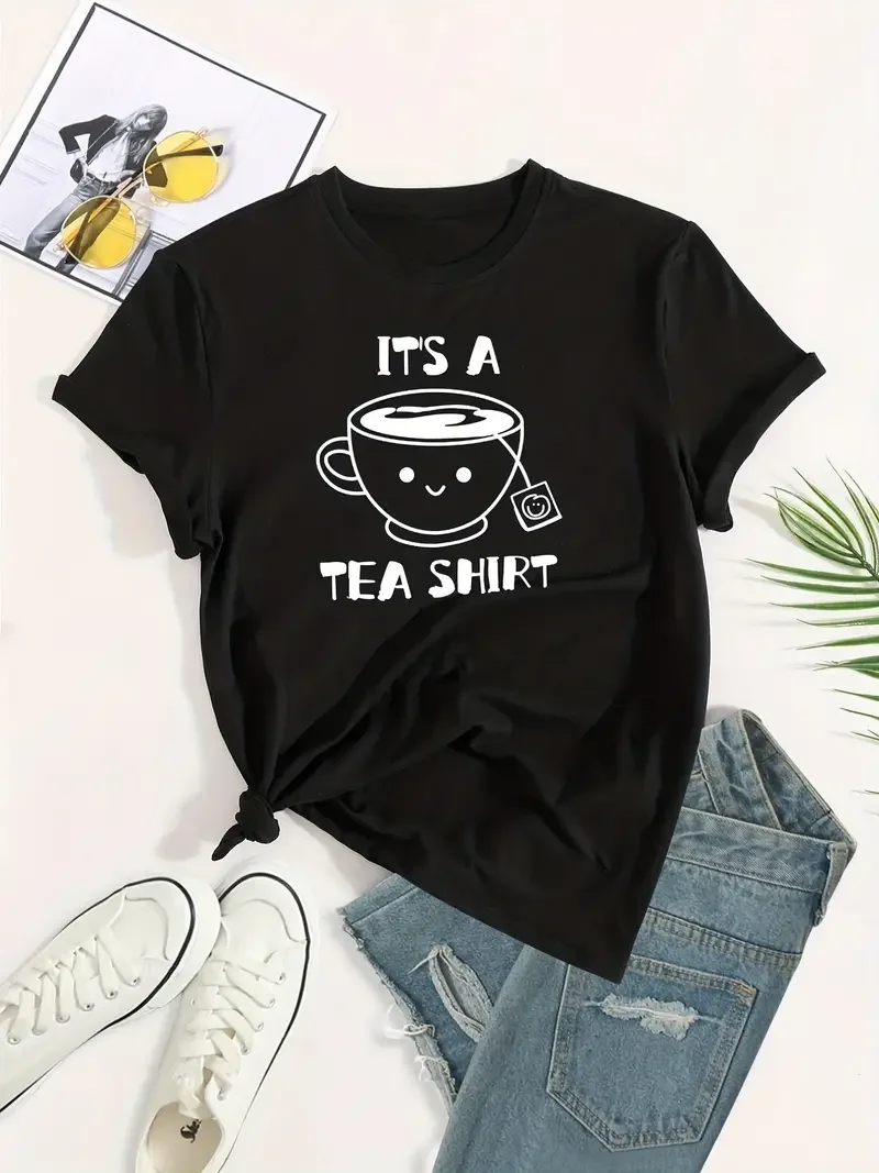 Plus Size Casual Tee Women\'s Plus Cartoon Tea & Letter Print Short Sleeve Round Neck Slight Stretch T-Shirt