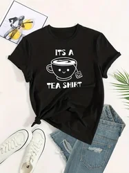 Plus Size Casual Tee Women's Plus Cartoon Tea & Letter Print Short Sleeve Round Neck Slight Stretch T-Shirt