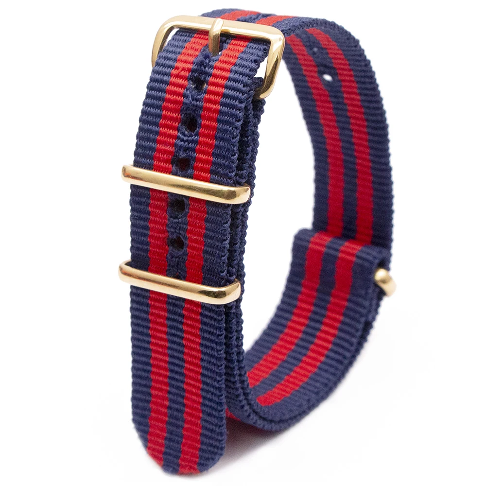 Waterproof, sweat resistant, and breathable nylon strap with gold buckle integrated replacement strap.