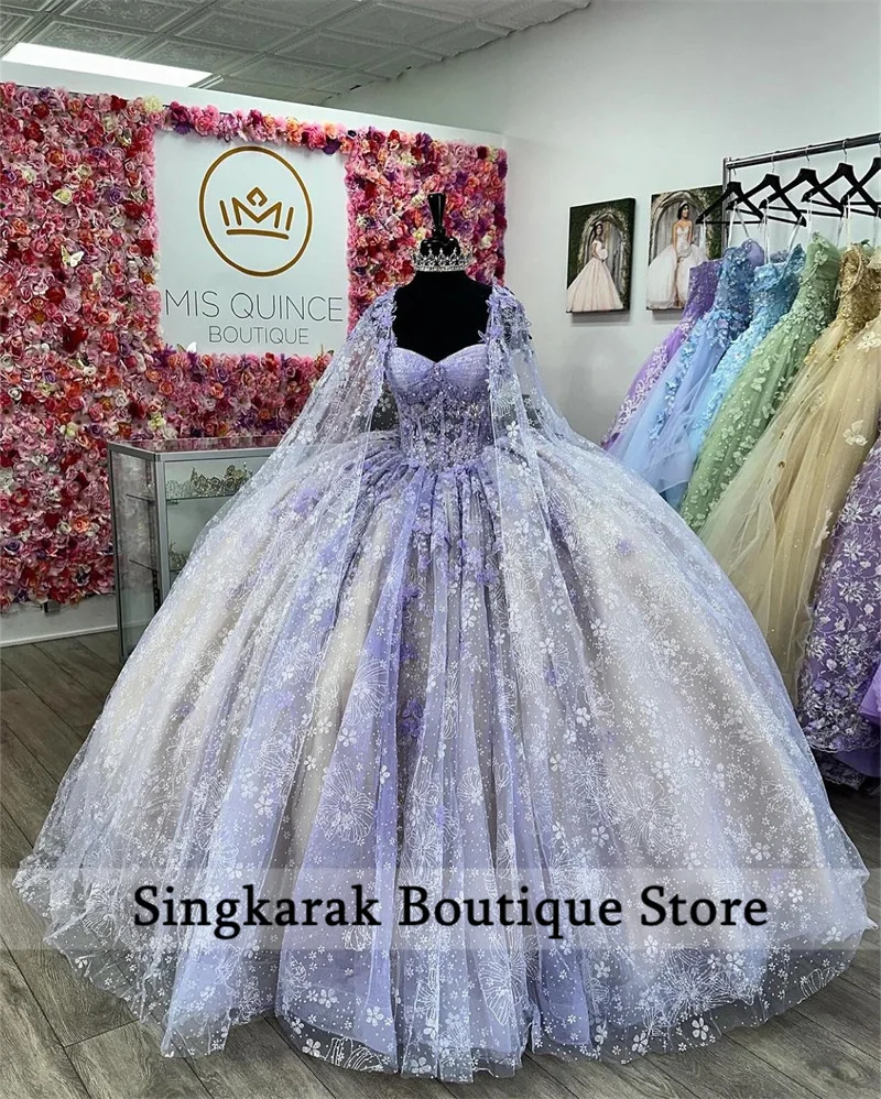 Robe de Rhprincesse violette avec cape, robes Quinceanera, appliques de fleurs, perles, 15 Anos, luxe doux, robe 16e