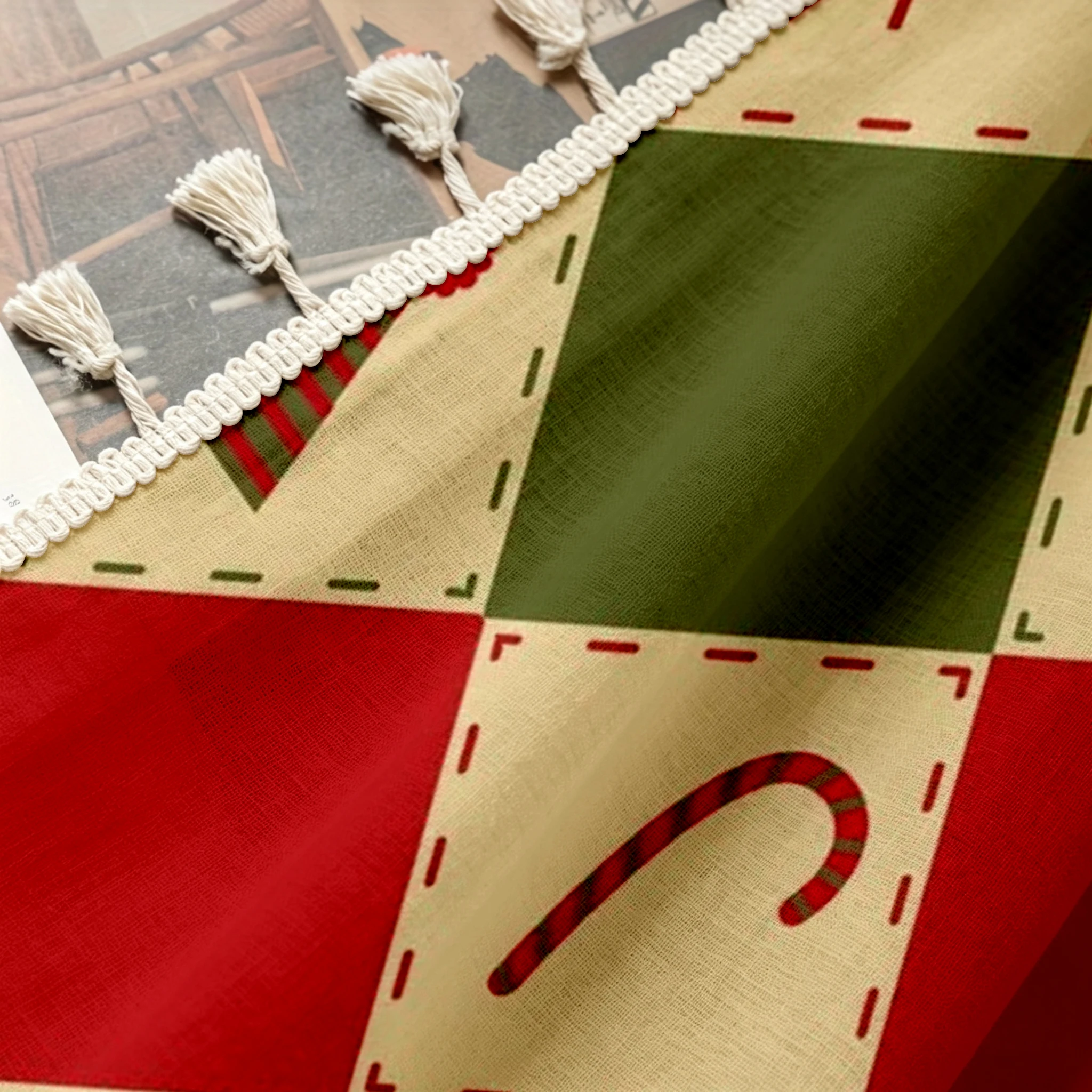 1PC Christmas Tassel Sheer Curtains, Red Green Diamond Candy, Digital Print, Linen Polyester, Bedroom Living Room Home Decor