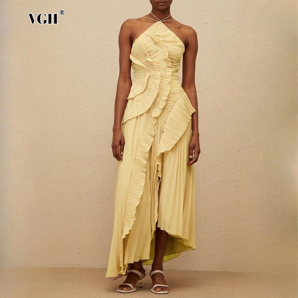 

VGH Sexy Solid Asymmetrical Backelss Dress for Women Halter Sleeveless Spliced Ruffles High Waist Slimming Dresses Female New