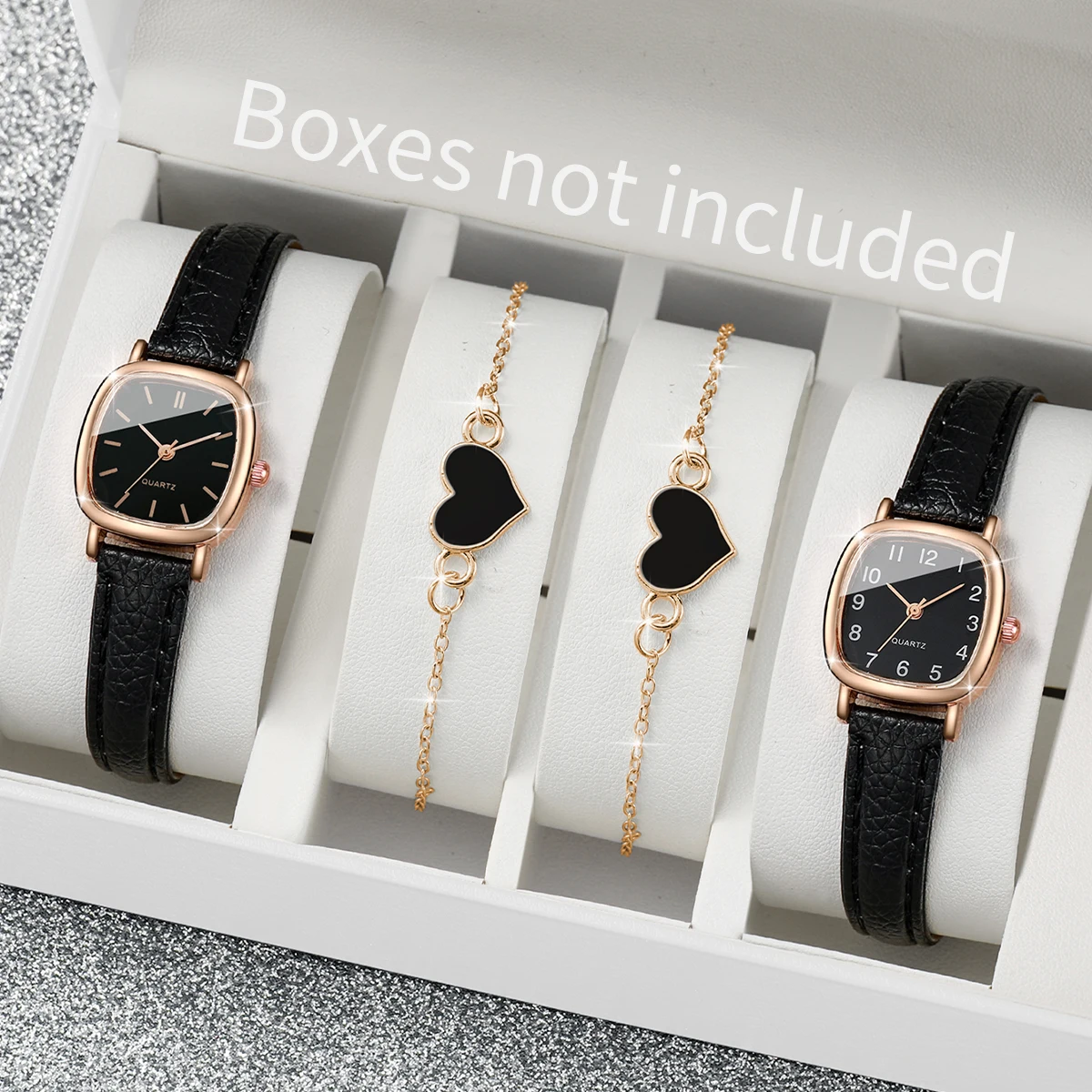 4pcs/Set ins Fashion Square Women's Watch Leather Band Student Academy Style Watch Simple Design dial Love Bracelet Set