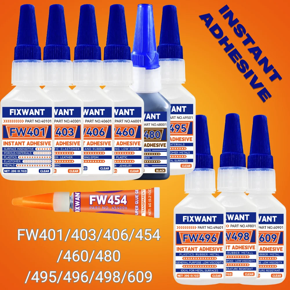 Instant Adhesive FW401/403/406/454/460/480/495/496/498 - Super Strong CA Glue for DIY, Repair, Crafts, Metal, Plastic, Rubberr
