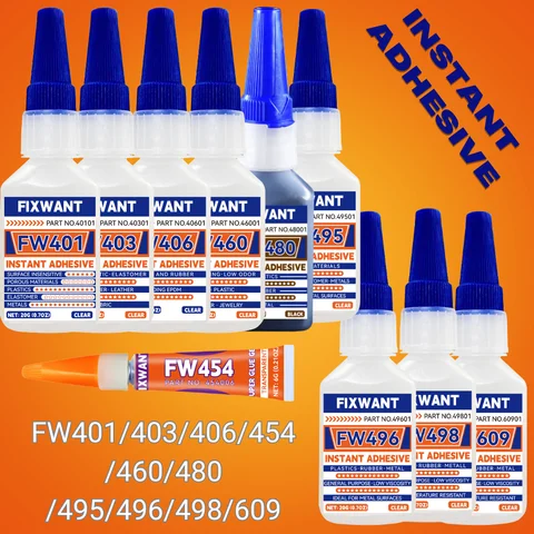 Instant Adhesive FW401/403/406/454/460/480/495/496/498 - Super Strong CA Glue for DIY, Repair, Crafts, Metal, Plastic, Rubberr