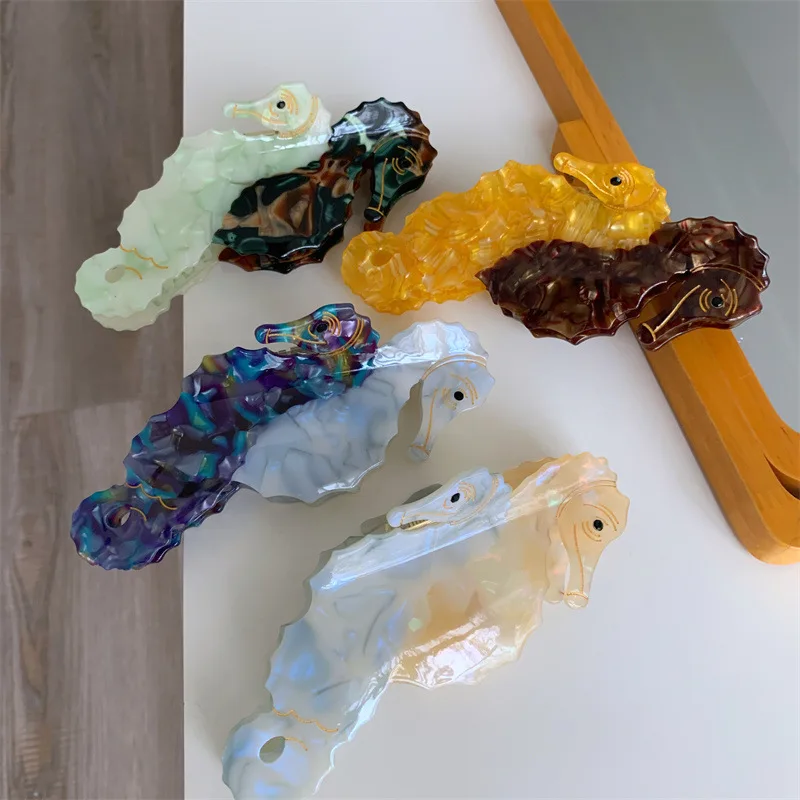 

Cartoon Marine Animals Spliced Two-Color Sea Horse Hair Clips Cute Hippocampus Acetate Hair Claws Hair Tiara Accessories Gift