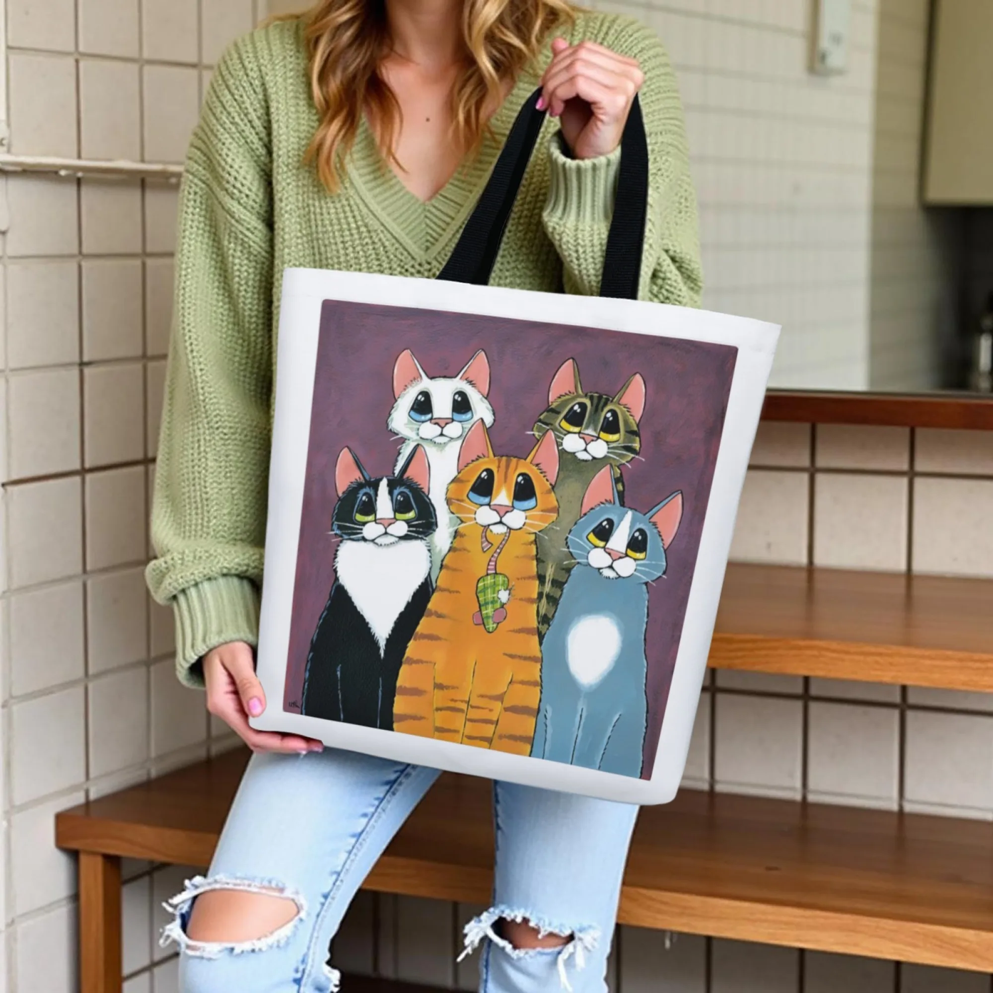 

Colorful Playful Cat Style Canvas Tote Bag Cat Family Design Shoulder Bag for Women Shopping Bag for Daily Commute Shopping