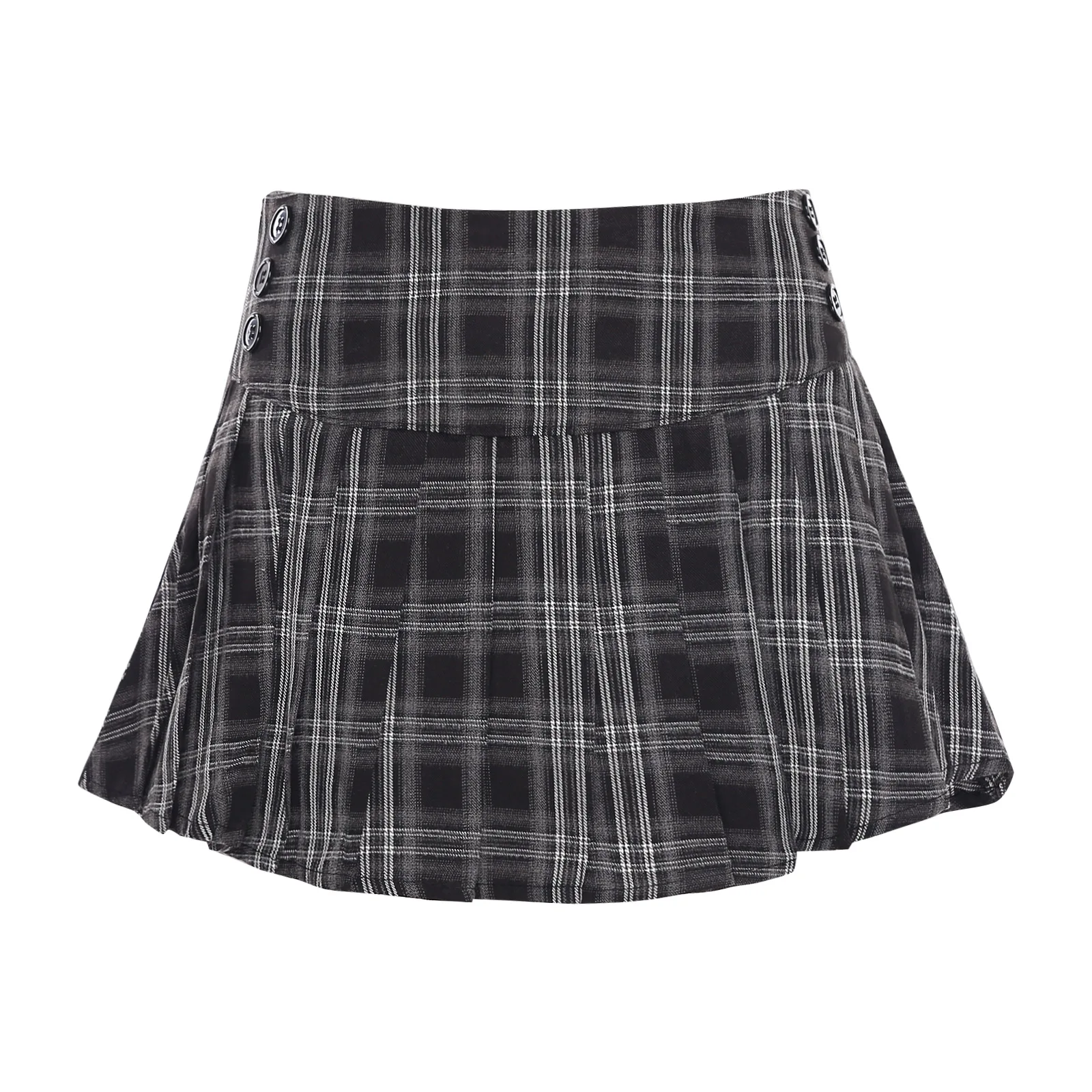 

Womens Retro Pleated Plaid Mini Skirt Y2K School Girls Vintage Costume Buttons Decor Side Zipper Mini Skirt with Built-in Shorts