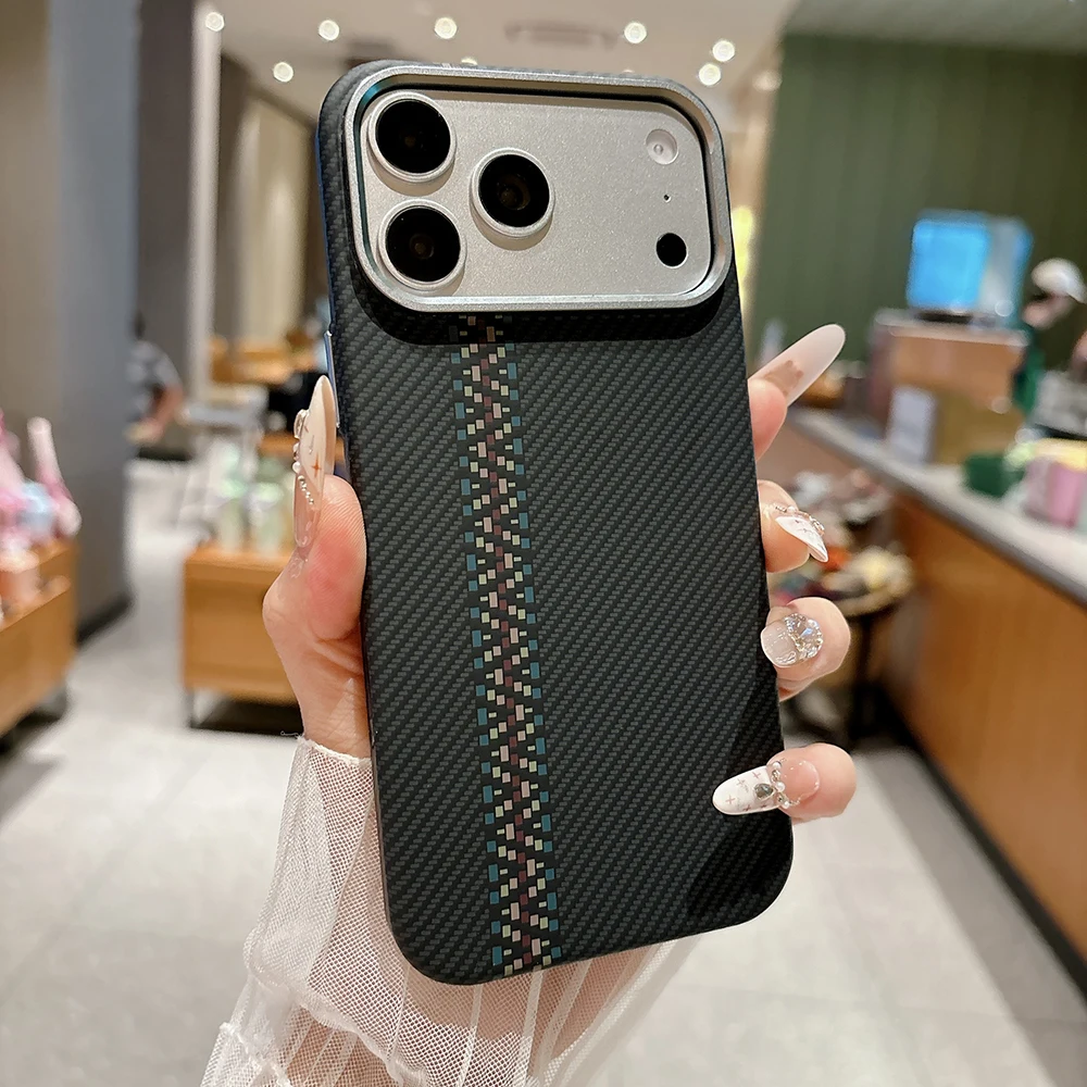 Kohlefaser-Textur Magnetische Hülle für iPhone 17 16 15 14 13 Pro Max Air Ultradünne Legierungs-Linse Kabelloses Laden für Magsafe Cover – Detail 1