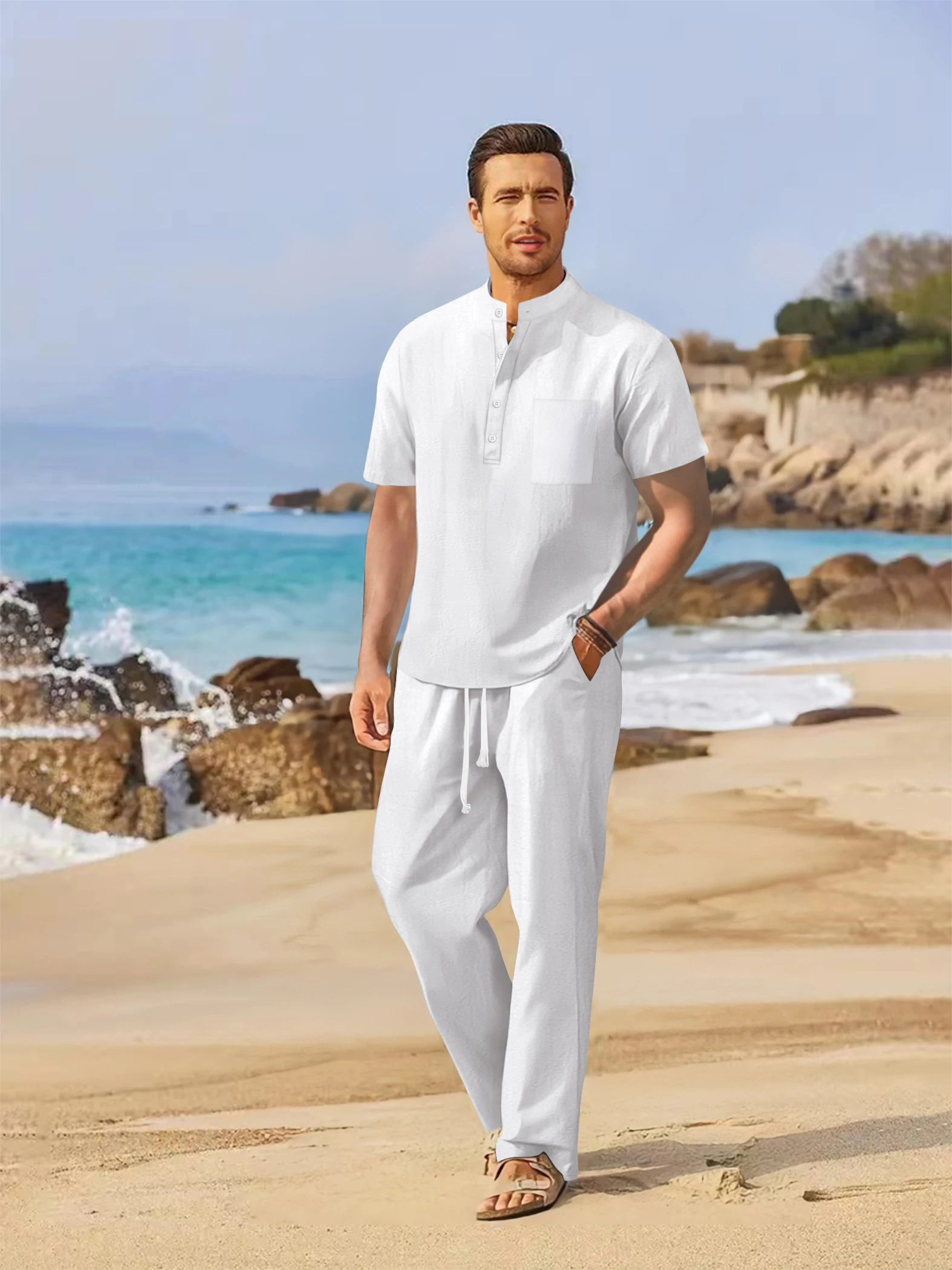 Set katun dan linen pria musim panas kemeja Henley kasual lengan pendek + celana kaki lurus longgar set dua potong warna solid