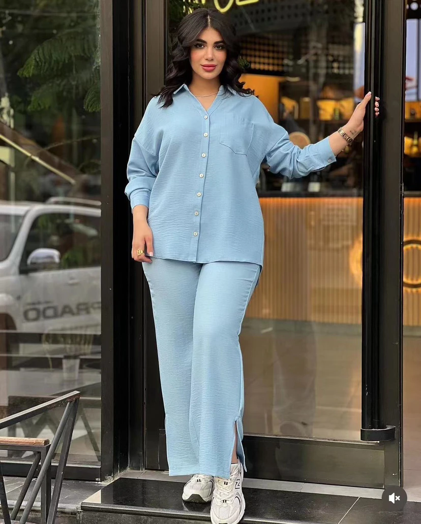 Two Piece Sets Women Tracksuit Pants Set Single Breasted Full Sleeve Turn Down Collar Shirt Tops High Waist Wide Leg Long Loose