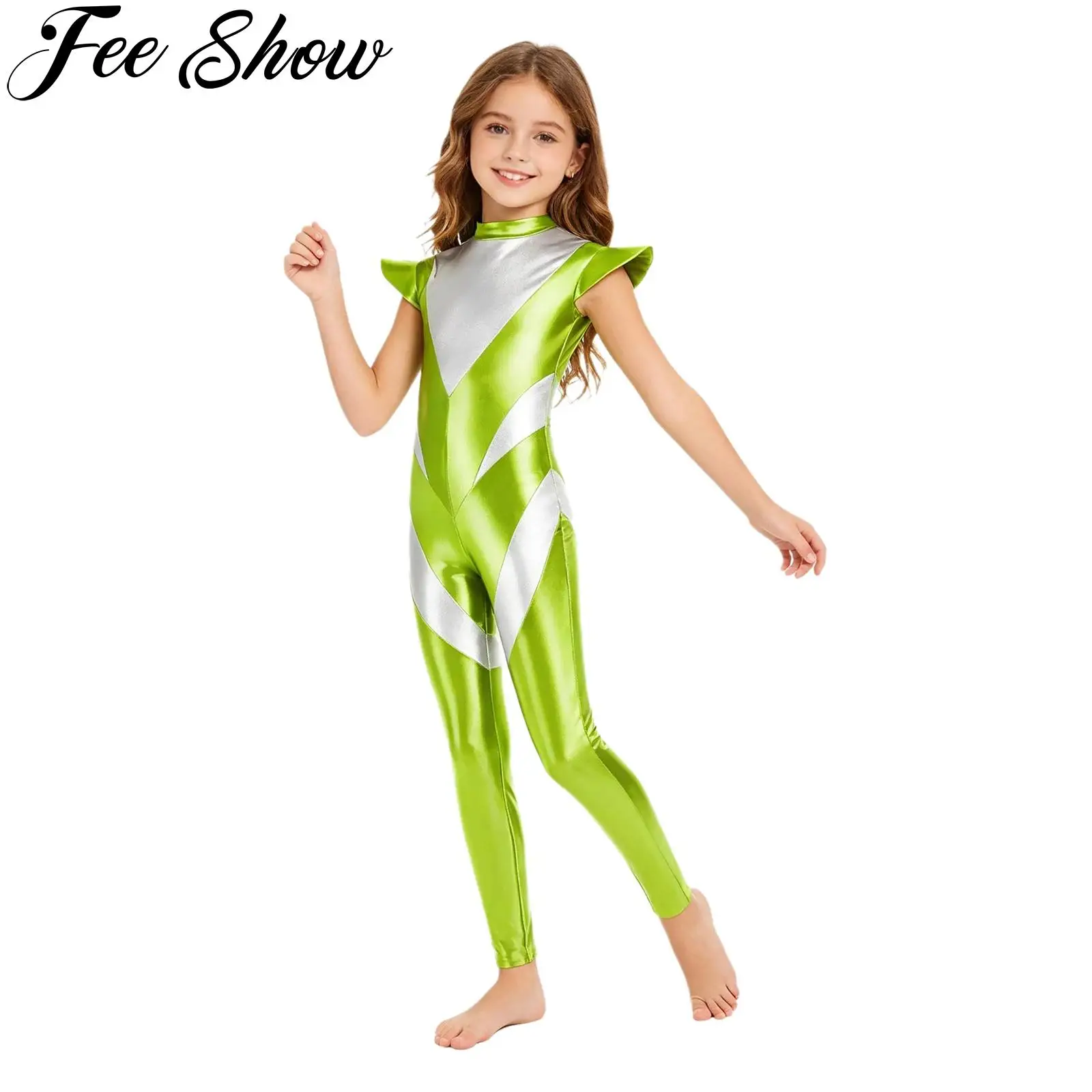 Kids Boys Girls Metallic Glossy Alien Jumpsuit Fly Sleeve Color Block Bodysuit Halloween Outer Space Theme Party Cosplay Costume