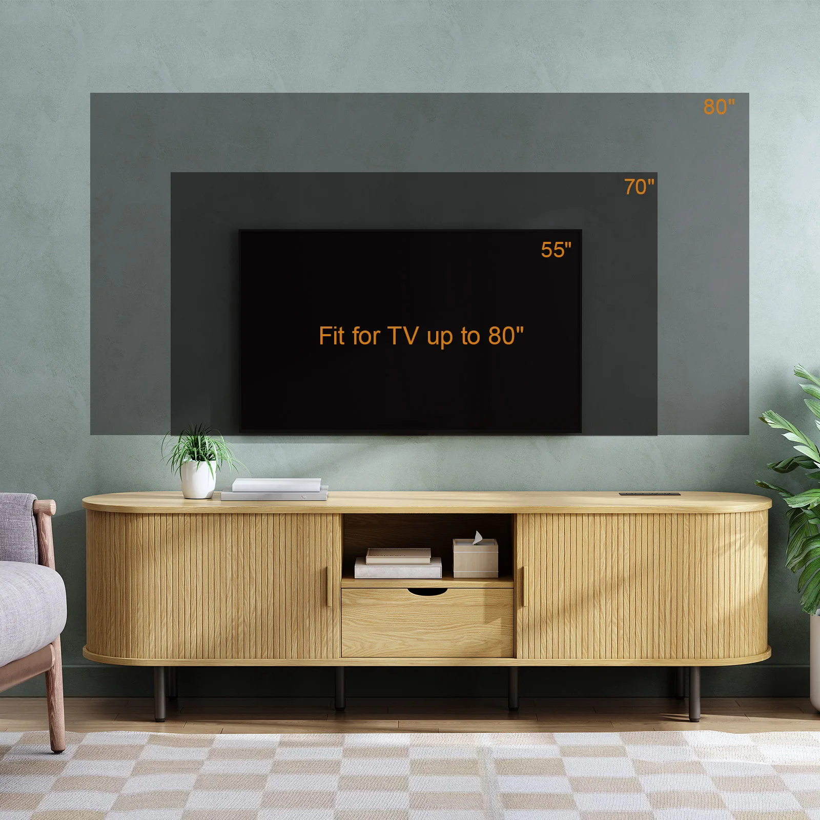 حامل تلفزيون 69 بوصة مع مخرج طاقة لأجهزة التلفاز حتى 80 بوصة، مركز ترفيه مع مساحة تخزين ودرج، وحدة تحكم تلفزيون مع أرفف قابلة للتعديل