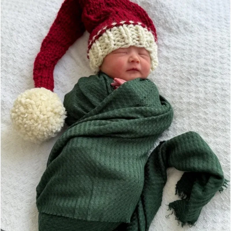 مجموعة التقاط الصور لحديثي الولادة لعيد الميلاد - محبوكة بقبعة حمراء وقماش الأنجورا للاستوديو، دعائم تذكار عيد الميلاد الأولى للطفل