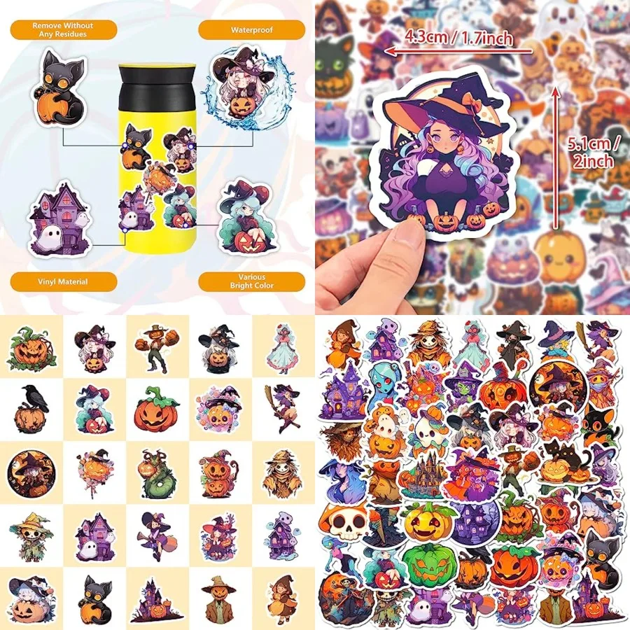 

100PCS Non-Repeating Halloween 's Cartoon Pumpkin-Themed Stickers for Party Favors Waterproof Vinyl Decorations Ideal for Holid