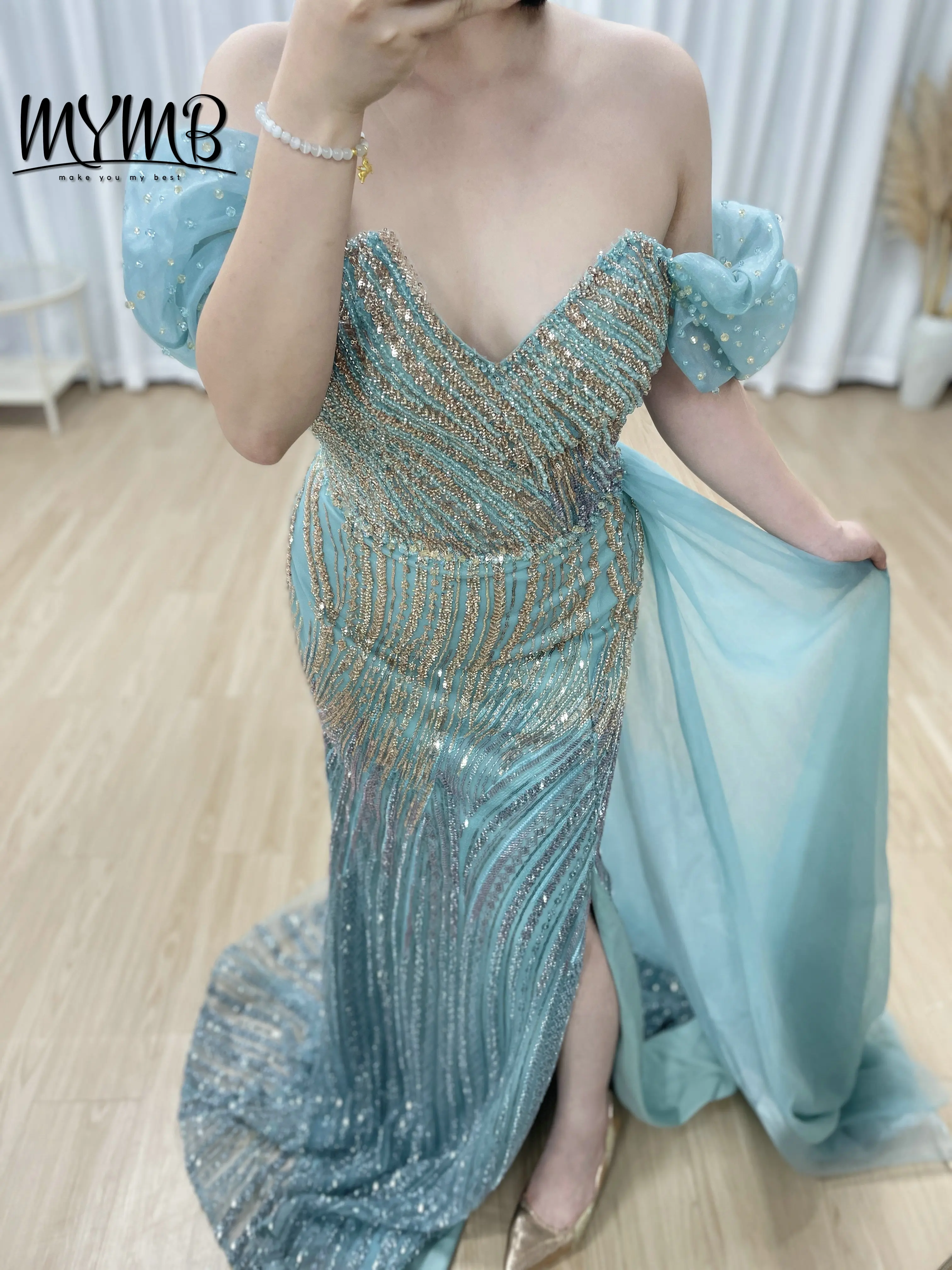 MYMB Luxury Sweetheart Off Shoulder Prom Dress with High Split Green Long Evening Gown for Women Dress Dress Plus Size MB40419