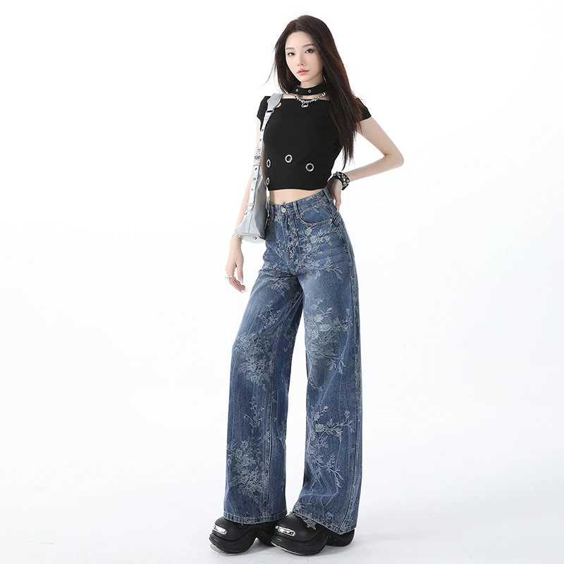 女性用ブルーのジャカードジーンズ、ゆったりとしたワイドレッグパンツ、レトロなストレートレッグパンツ