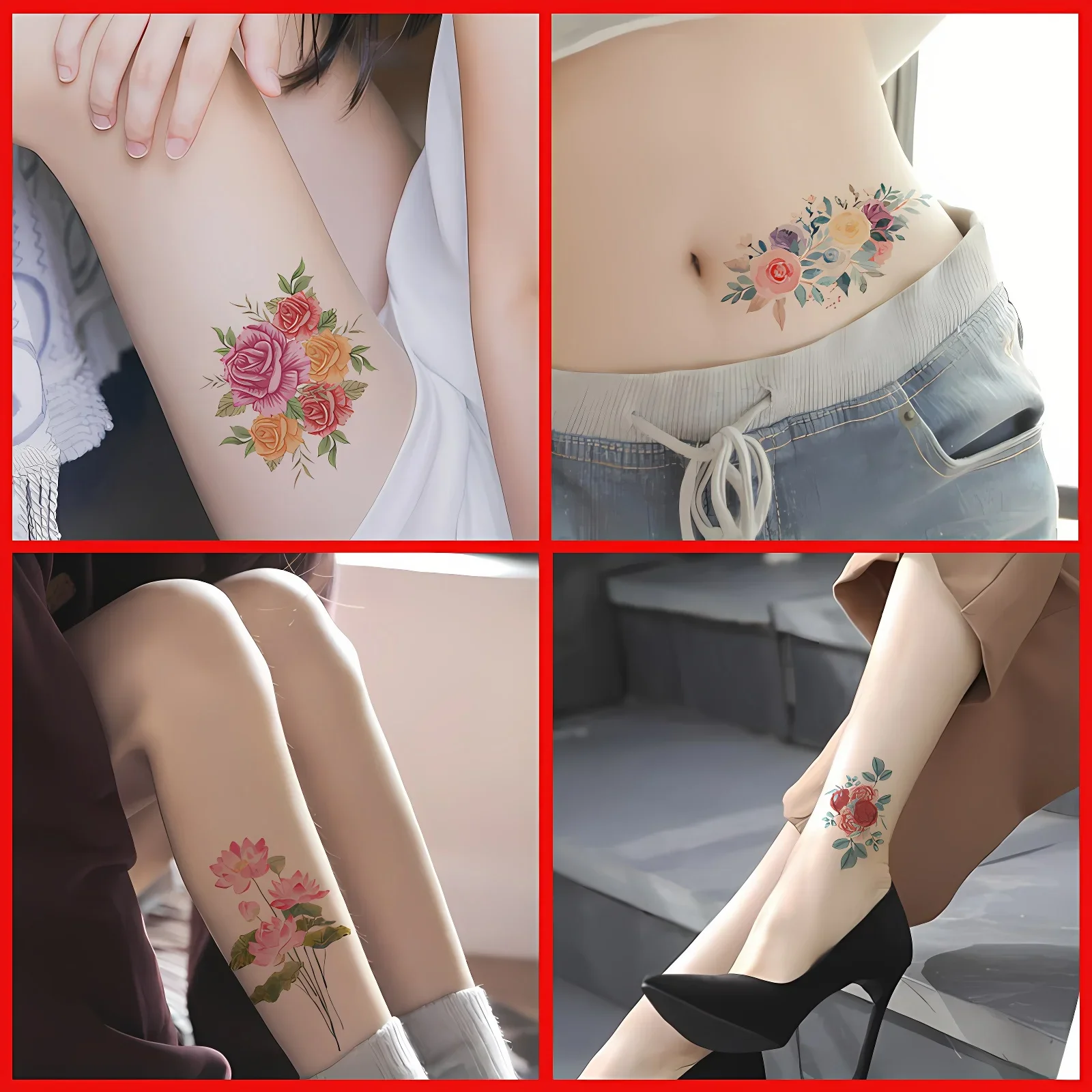 12pcs/lot Flower Fake Tattoo Stickers Floral Chinese Rose Disposable Temporary Tattoos for Summer Chest Forearm Shoulder Neck