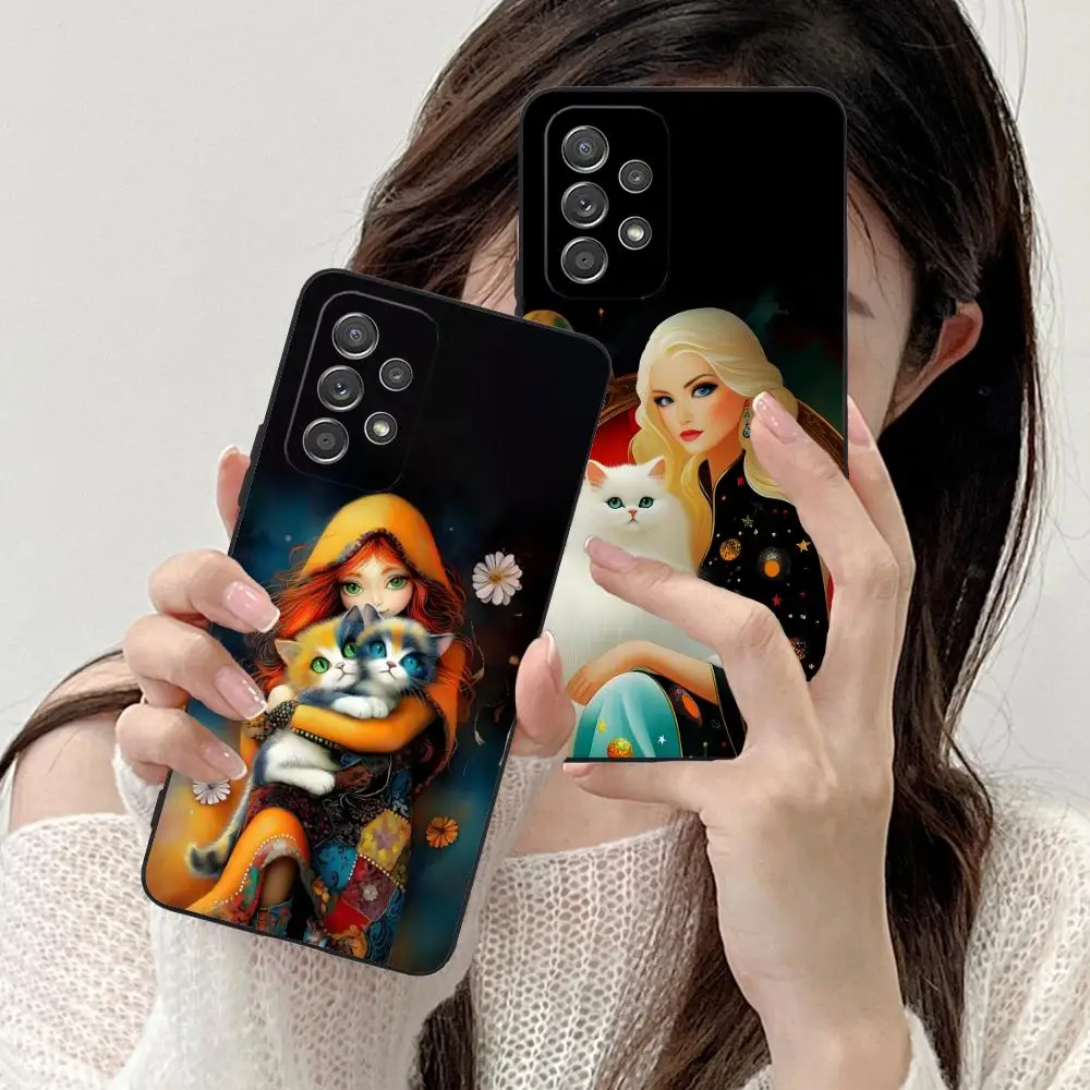 Girl Cat Kitten Art Phone Case for Samsung Galaxy M55 54 42 35 34 33 32 23 22 15 14 13 12 F55 5G Colour Protective Cover Luxury #1