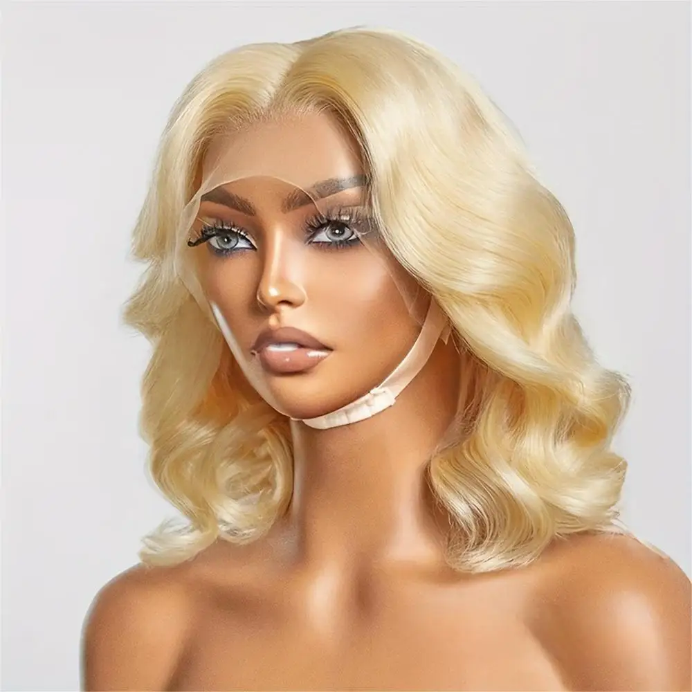 613 Bob Blonde Body Wave Short Bob Lace Front Human Wig  HD Transparent Pre Plucked Brazilian 180% Density 14inch