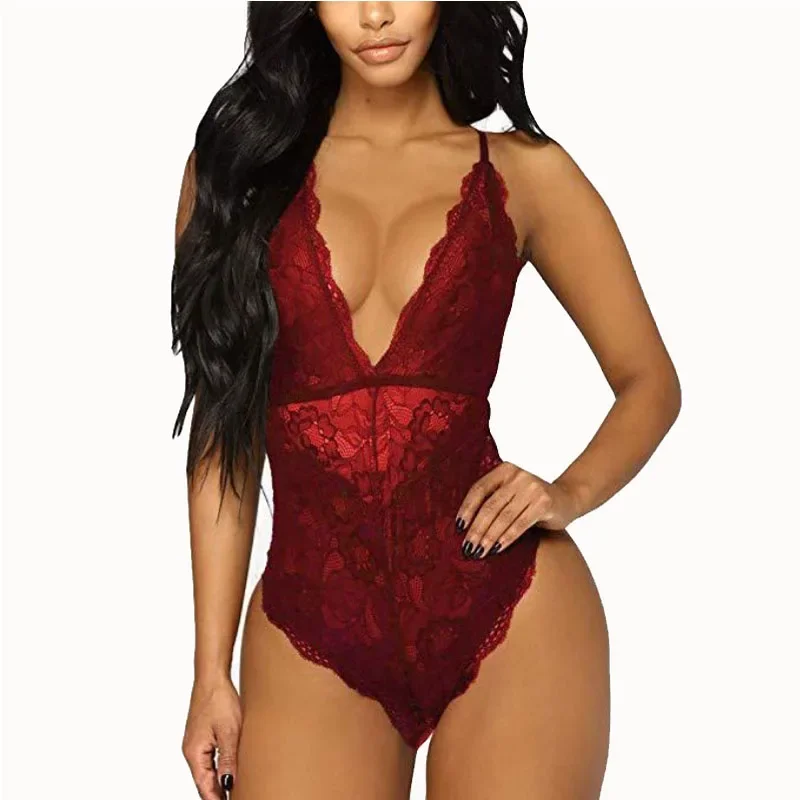 

Hot Sale Sexy Body Shaper Strappy Women's Jumpsuit Floral Hollowed Out Lace Bodysuit Female Nightgown Sleepwear Fun Lingerie