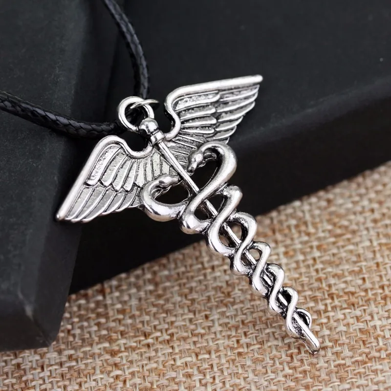 Fashion Percy Jackson Necklace Angle Wings Snake Ouroboros Magic Wand Caduceus Asclepius Pendant Emergency Medical Jewelry Gifts