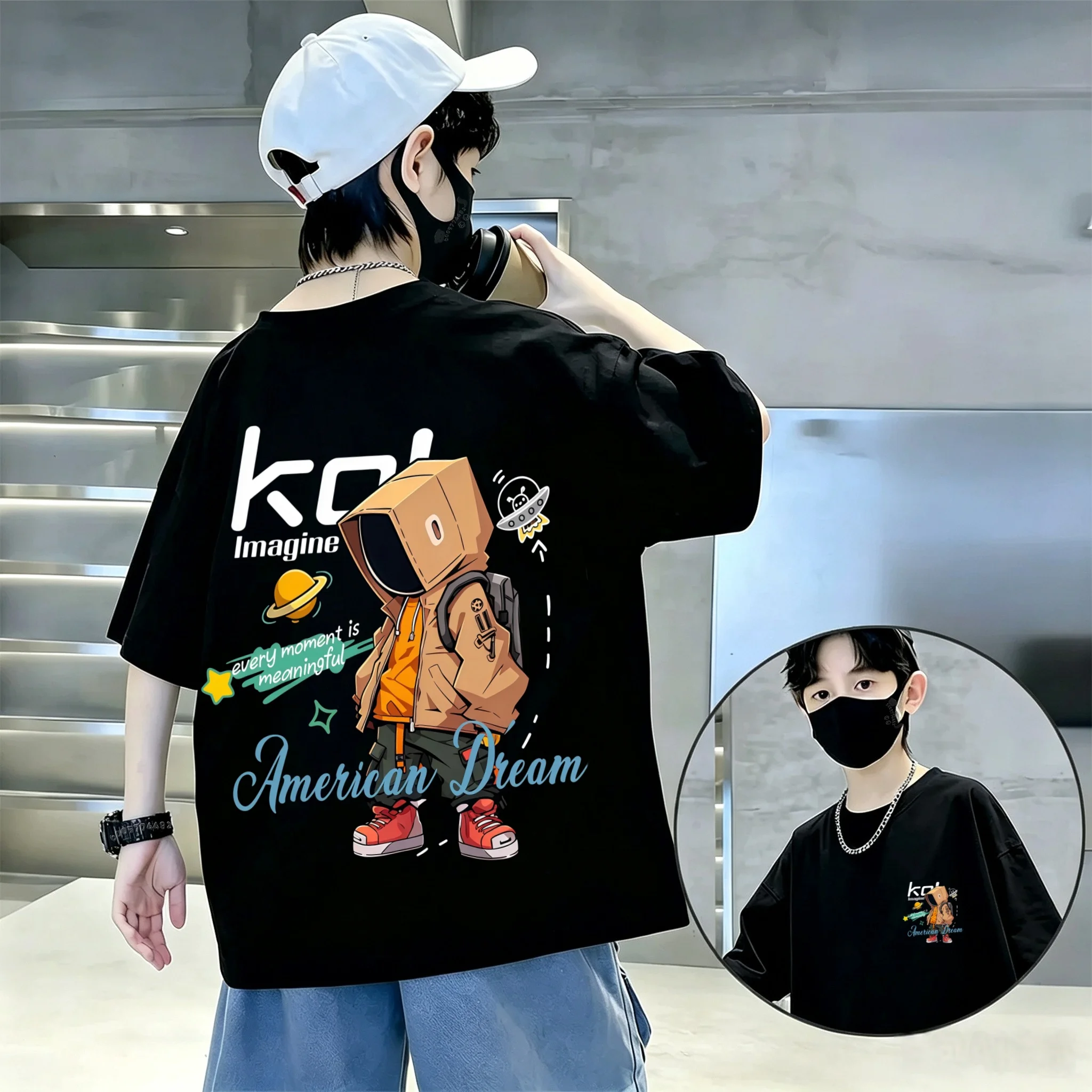 Children's cotton round-neck T-shirt with cartoon character anime print - Boys' and girls' breathable and skin-friendly top