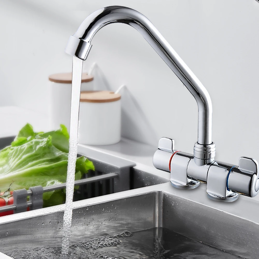 

Kitchen Sink Water Faucet Double Handle Hot & Cold Water Mixer Tap 360° Rotating