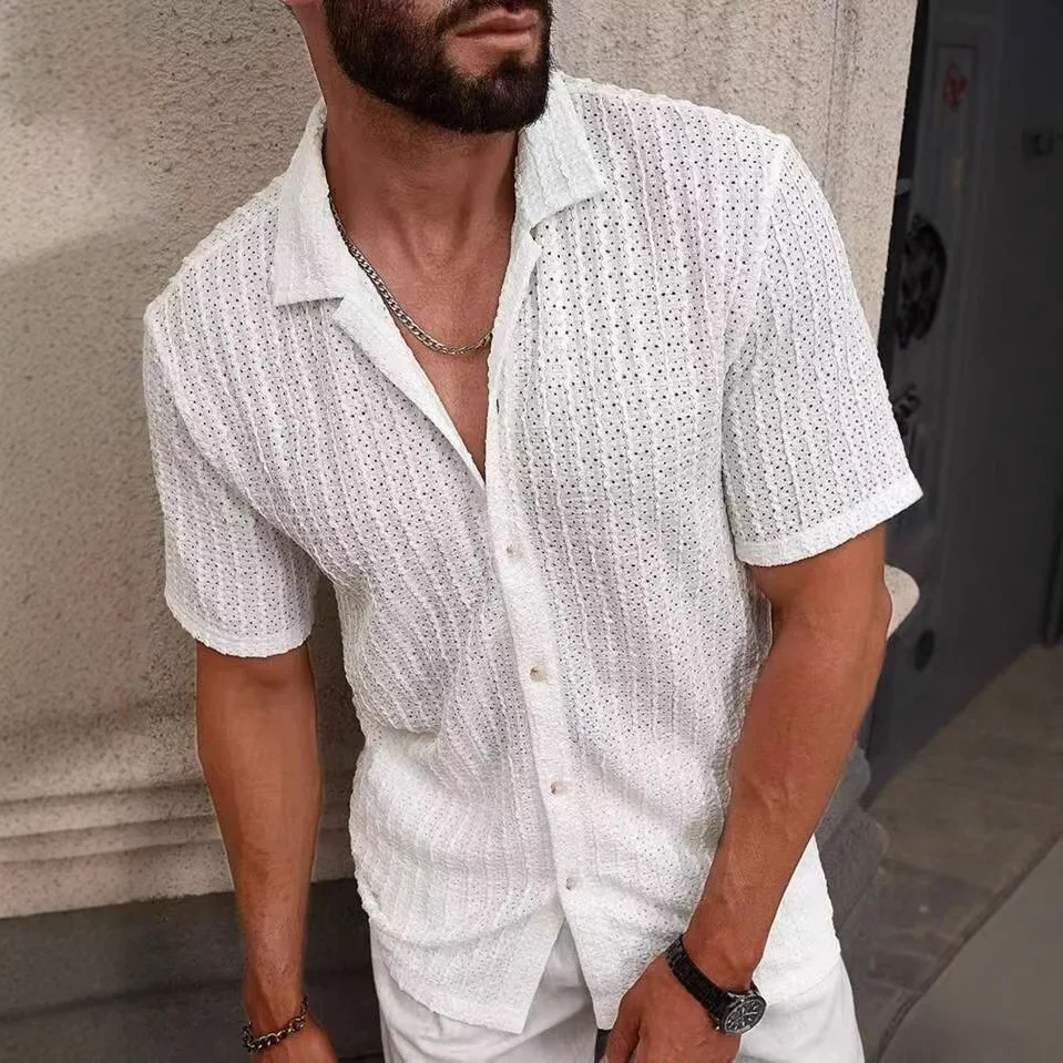 Men's Breathable Hollow Shirt Summer Men's Casual Knitted Shirt, Short Sleeved Shirt Short Sleeved Top