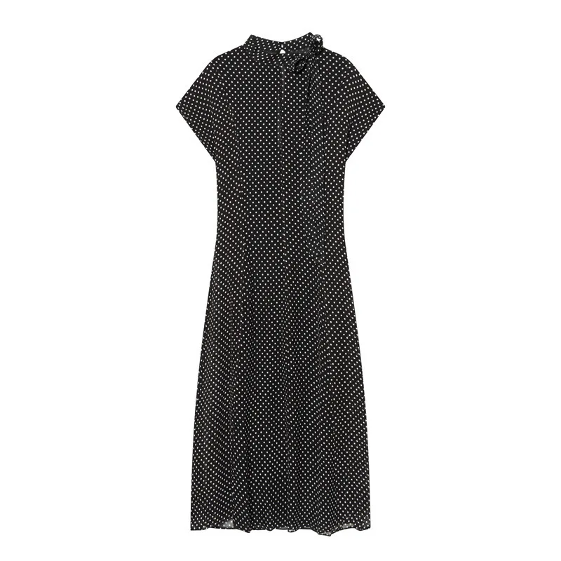 Schwarzes, gepunktetes, kurzärmliges Midikleid für Damen, elegantes Kleid mit Stehkragen und Bindekragen, lässiges Kleid im Vintage-Stil für den täglichen Gebrauch NCNK