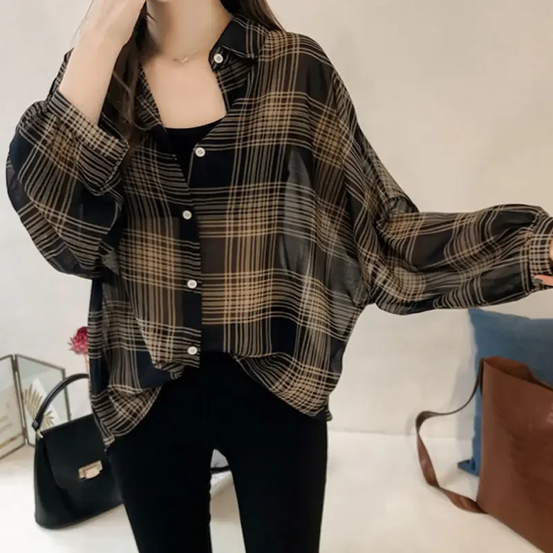 Casual Thin Chiffon Loose Batwing Sleeve Plaid Women Shirt Office Lady All-match Lapel Button Oversize Woman Blouse E3039