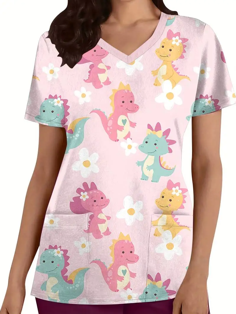 Surgical Uniforms Woman Dinosaur Cartoon Print Health Care Nurse Tops V-Neck Micro-Stretch Short Sleeve Clinical Uniform Woman