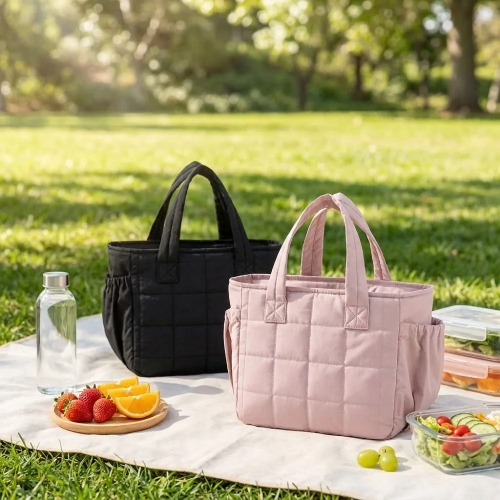 Solid Color Quilted Lunch Bag Thickened Waterproof Insulated Handbag Portable with Bottle Pocket Insulated Lunch Tote Picnic