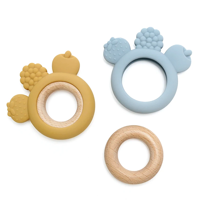 1PC Wooden Ring Teether Toy Newborn Nursing Teething Toys Fidget Toys Silicone Children Cute Chewing Toy Baby Accessories