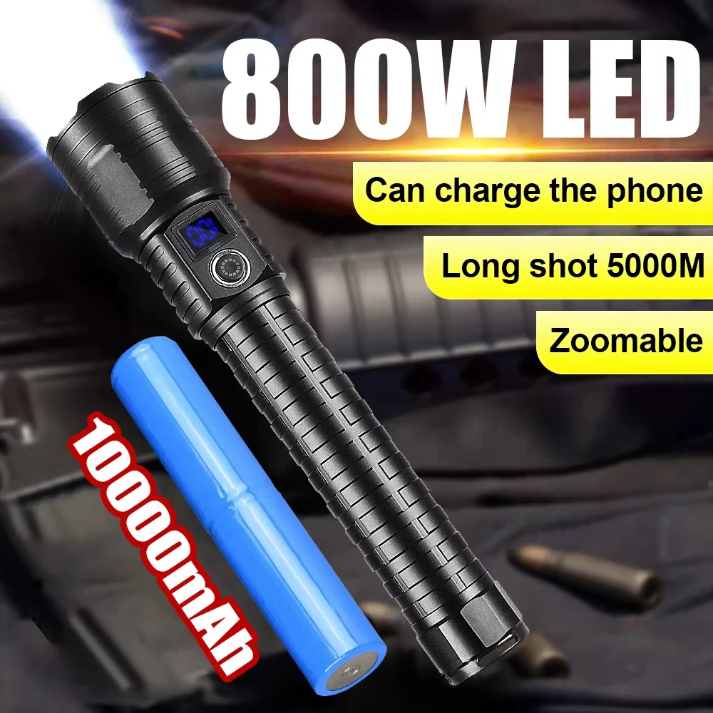 

2025 Ultra Powerful Flashlight 800W Rechargeable Torch Light 10000mAh XHP360 High Power LED Flashlights 5000M Tactical Lantern