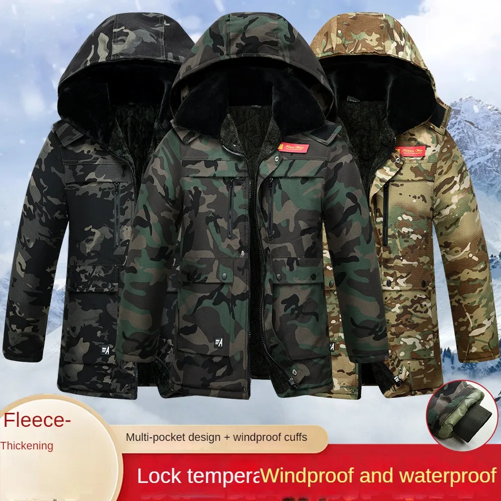 Mens Winter Camo Parkas Jackets Men Loose Hooded Long Down Coats Outdoor Military Tactical Thicken Fleece Warm Windproof Outwear