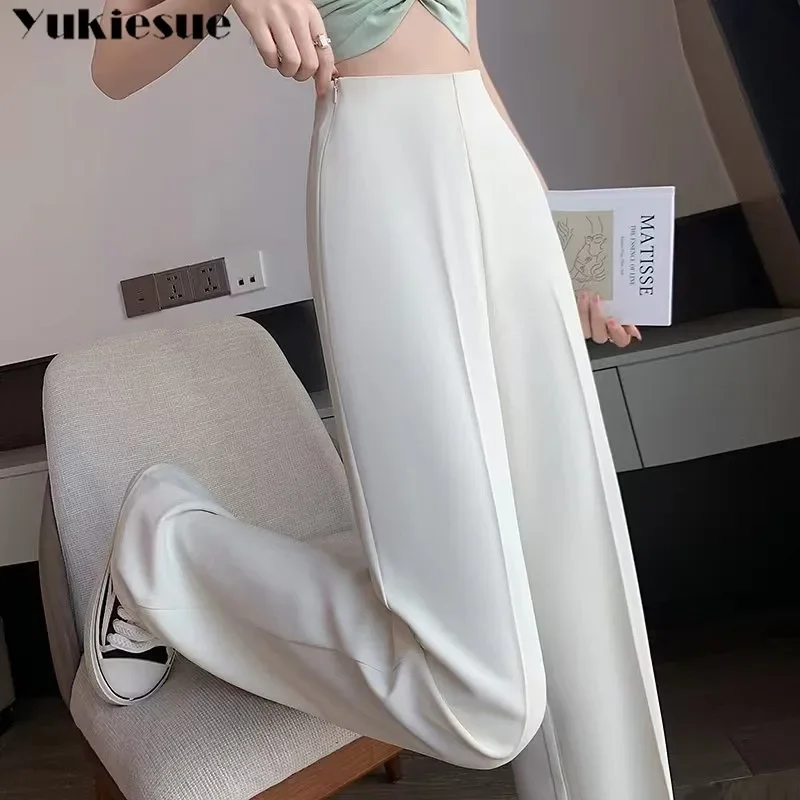 

Корейские модные костюмы с высокой талией 2023, брюки, женские однотонные элегантные прямые брюки, офисные женские повседневные широкие брюки