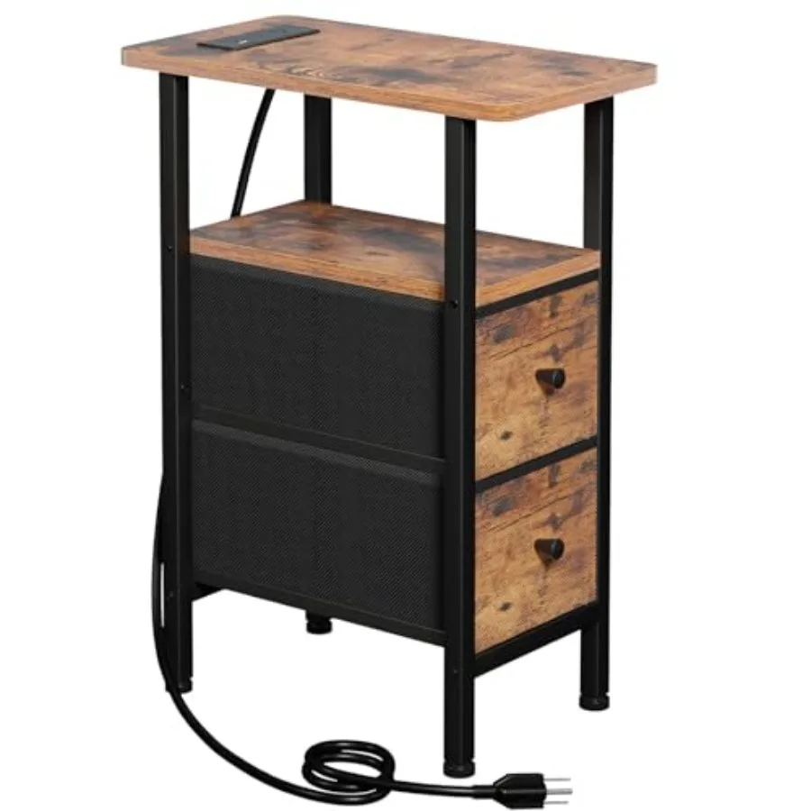 

Narrow End Table Living Room with Charging Station Skinny Side Table with Fabric Drawers Slim Nightstand for Bedroom Small Spac