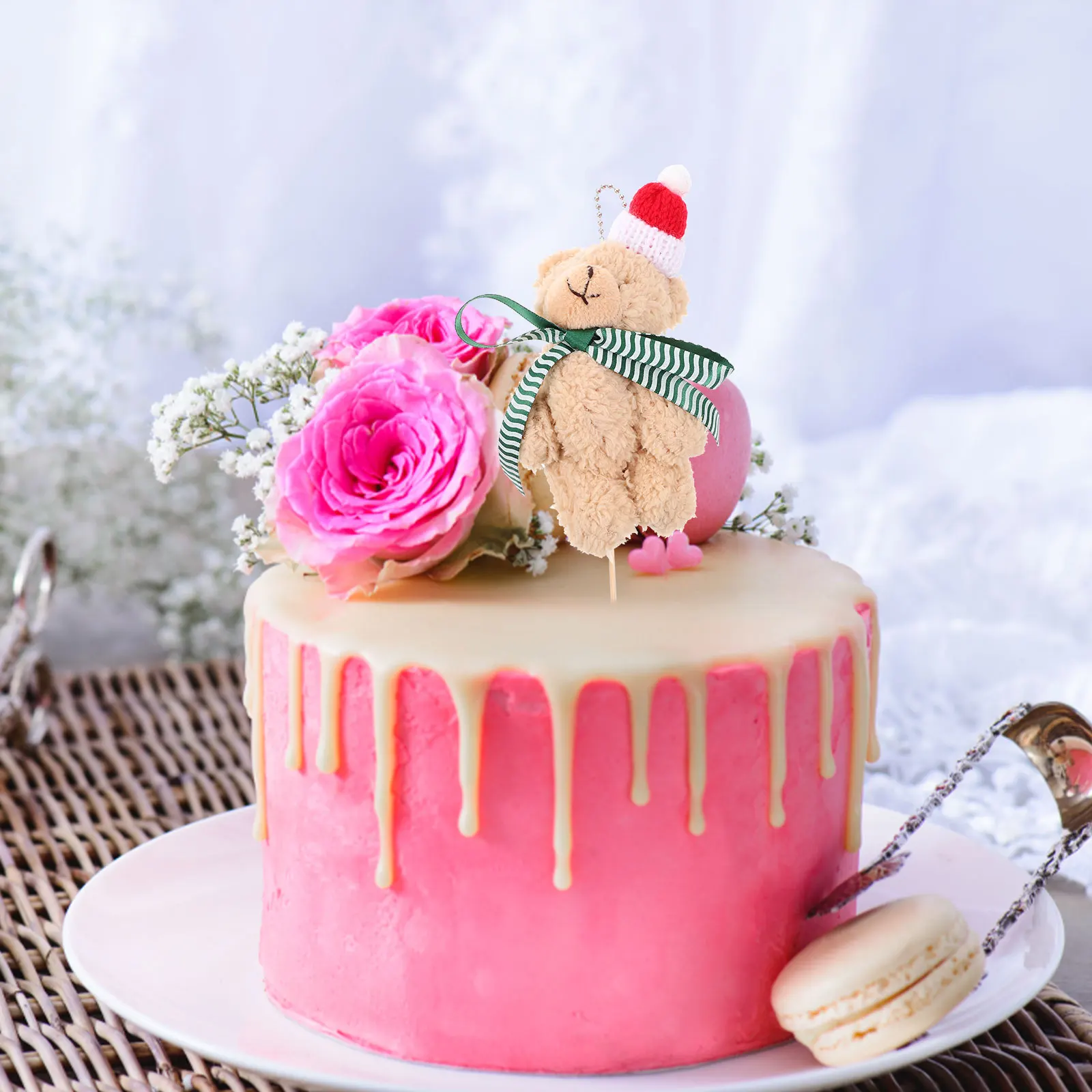 

4pcs Christmas Decoration Hanging Ornaments Mini Bear Toys Red White Ribbon Stuffed Animals Holiday Gifts