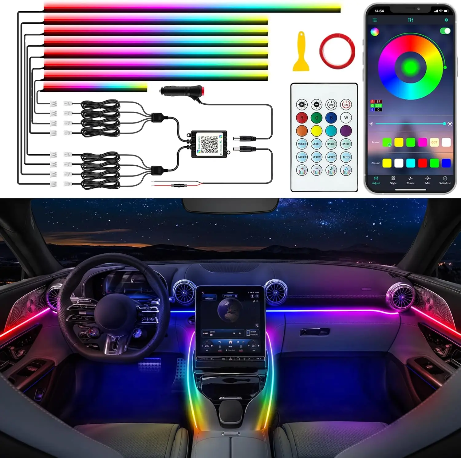 

Car LED Strip Lights with Dynamic Rainbow Color Chasing, Music Sync Ambient Lighting Kit (8 in 1)