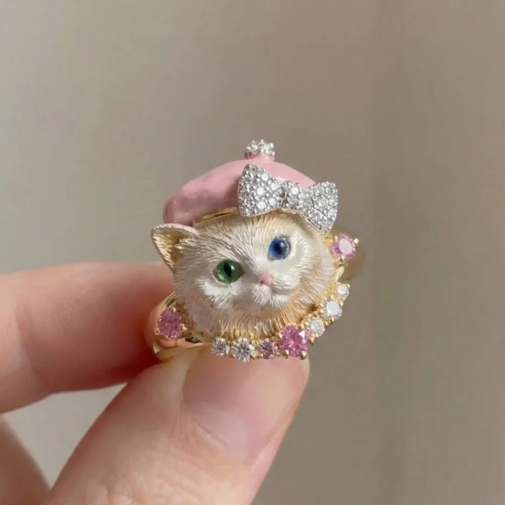 Cute Exquisite Cat Ring Mini Matte Brushed Finish Dog Ring Adjustable Sweet Animal Jewelry Girlfriend Gift